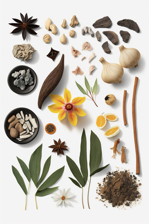 Explore the world of traditional Chinese medicine with these isolated herbs on white background, perfect for natural medicine and wellnessの素材