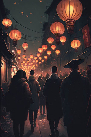 Experience the magic of the Chinese lantern festival as crowds of people parade through the streets with glowing orange lanterns in a mystical and enchanting atmosphere.の素材