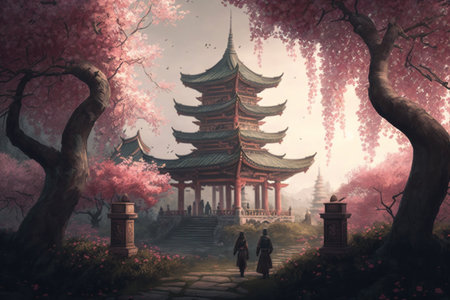 Experience the enchanting beauty of a Chinese pagoda surrounded by lush peach blossoms.の素材