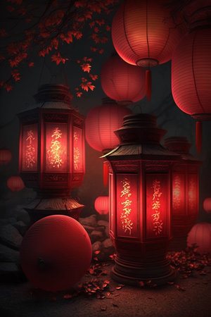 Experience the magical ambiance of the Chinese New Year with these stunning red lanterns shining brightly in the night.の素材
