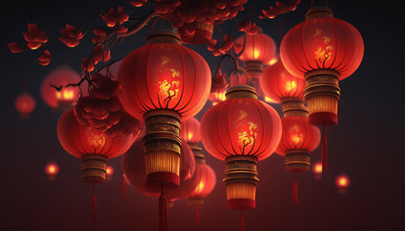 Experience the magical ambiance of the Chinese New Year with these stunning red lanterns shining brightly in the night.の素材