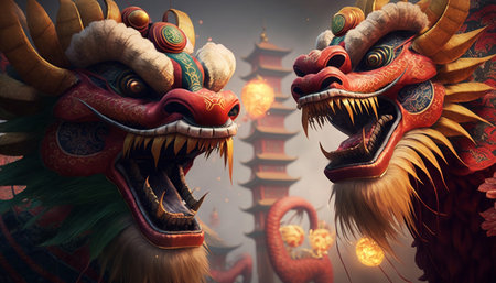 A dynamic performance of Chinese Dragon and Lion dance featuring intimate figures and intricate costumesの素材