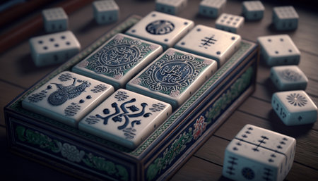 Experience traditional Chinese culture with this colorful mahjong set, complete with tiles, dice and counters, perfect for family gatherings and game nightsの素材