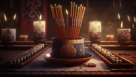 Experience the beauty and tranquility of a traditional Chinese setting with these aromatic incense sticks.の素材