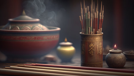 Experience the beauty and tranquility of a traditional Chinese setting with these aromatic incense sticks.の素材