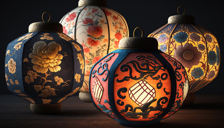 Colorful and intricate Chinese paper lanterns adding a touch of festivity to the atmosphereの素材