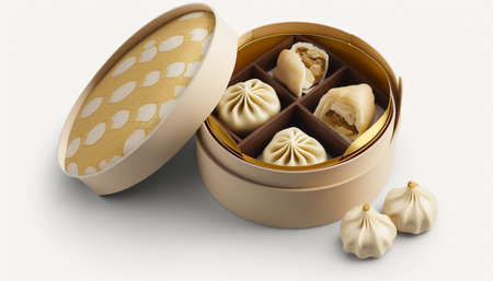 A mouth-watering image of traditional Chinese dim sum, steaming and ready to eat, against a clean white background.の素材