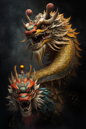 A dynamic performance of Chinese Dragon and Lion dance featuring intimate figures and intricate costumesの素材