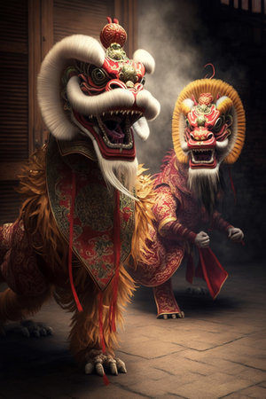 A dynamic performance of Chinese Dragon and Lion dance featuring intimate figures and intricate costumesの素材