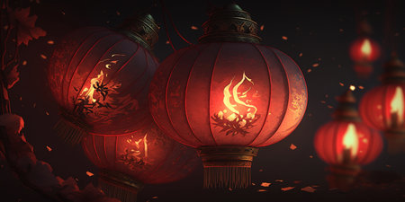 Experience the magical ambiance of the Chinese New Year with these stunning red lanterns shining brightly in the night.の素材