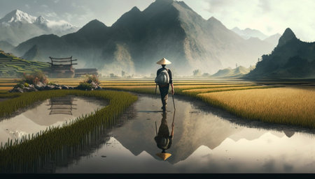 A mesmerizing scene of a Chinese farmer tending to his rice paddy, with the breathtaking beauty of the surrounding landscape reflected in the calm watersの素材
