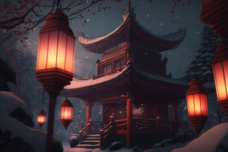 Magical lanterns create a mystical atmosphere in the night, shining brightly against the silhouette of a pagoda.の素材