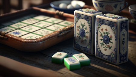 Experience traditional Chinese culture with this colorful mahjong set, complete with tiles, dice and counters, perfect for family gatherings and game nightsの素材