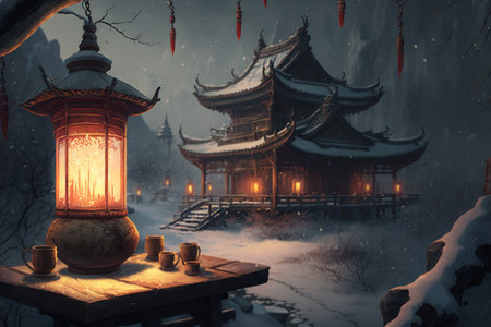 Experience the enchanting winter night at a Chinese Pagoda Temple with snow and glowing lanternsの素材