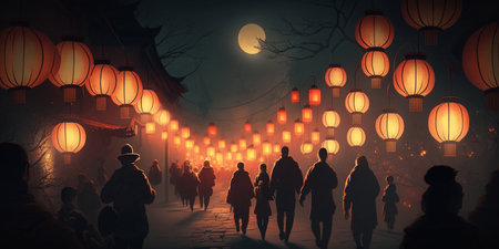Experience the magic of the Chinese lantern festival as crowds of people parade through the streets with glowing orange lanterns in a mystical and enchanting atmosphere.の素材