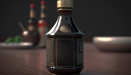 Experience the bold taste of traditional Chinese soy sauce against a dark, dramatic backgroundの素材