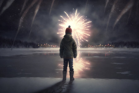 A young boy stands on a frozen lake, gazing in wonder at the dazzling fireworks display during Chinese New Year celebrations.の素材