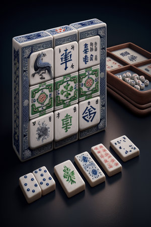 Experience traditional Chinese culture with this colorful mahjong set, complete with tiles, dice and counters, perfect for family gatherings and game nightsの素材