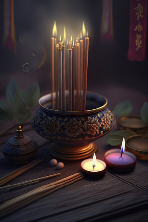 Experience the beauty and tranquility of a traditional Chinese setting with these aromatic incense sticks.の素材