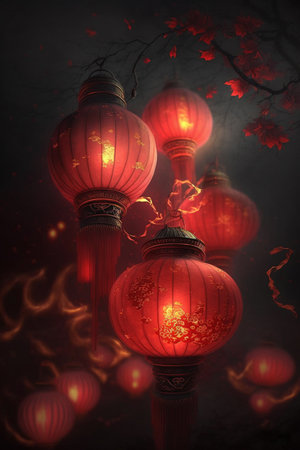 Experience the magical ambiance of the Chinese New Year with these stunning red lanterns shining brightly in the night.の素材