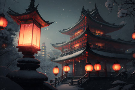 Magical lanterns create a mystical atmosphere in the night, shining brightly against the silhouette of a pagoda.の素材