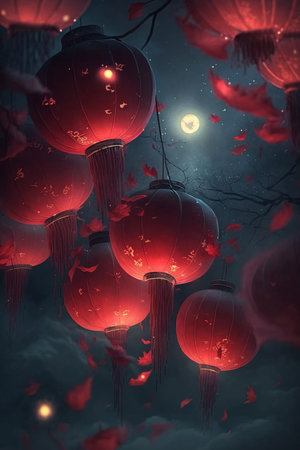 Experience the magical ambiance of the Chinese New Year with these stunning red lanterns shining brightly in the night.の素材
