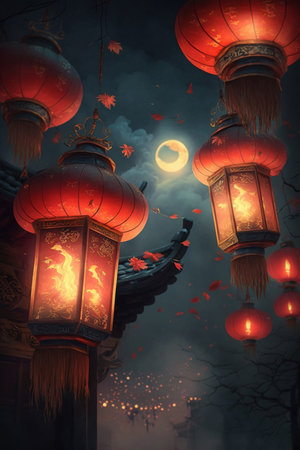 Experience the magical ambiance of the Chinese New Year with these stunning red lanterns shining brightly in the night.の素材