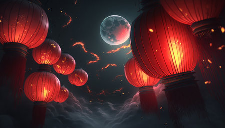 Experience the magical ambiance of the Chinese New Year with these stunning red lanterns shining brightly in the night.の素材