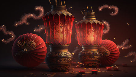 Experience the magical ambiance of the Chinese New Year with these stunning red lanterns shining brightly in the night.の素材