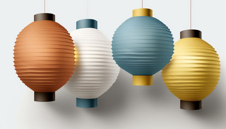 Colorful and intricate Chinese paper lanterns against a white background, perfect for festive and celebratory themesの素材