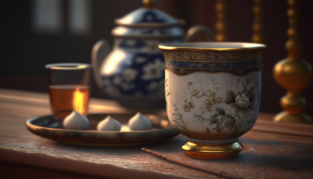 Experience a glimpse of Chinese tea culture with this elegant traditional tea cup settingの素材