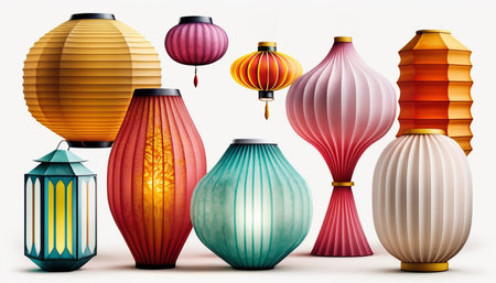 Colorful Chinese lanterns shining bright on white backdropの素材