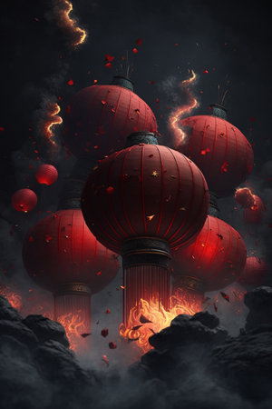Experience the magical ambiance of the Chinese New Year with these stunning red lanterns shining brightly in the night.の素材