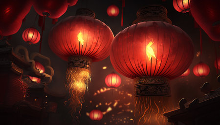 Experience the magical ambiance of the Chinese New Year with these stunning red lanterns shining brightly in the night.の素材