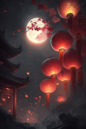 Experience the magical ambiance of the Chinese New Year with these stunning red lanterns shining brightly in the night.の素材
