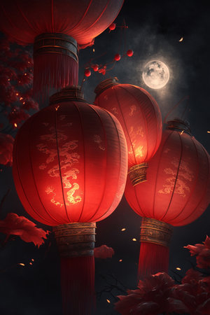 Experience the magical ambiance of the Chinese New Year with these stunning red lanterns shining brightly in the night.の素材