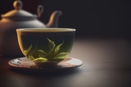 Enjoy a moment of tranquility with a glass of green tea in a beautiful settingの素材
