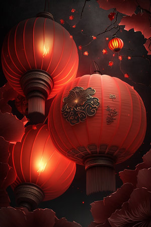 Experience the magical ambiance of the Chinese New Year with these stunning red lanterns shining brightly in the night.の素材