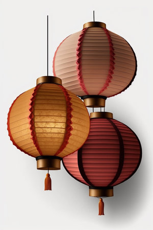 Colorful and intricate Chinese paper lanterns against a white background, perfect for festive and celebratory themesの素材
