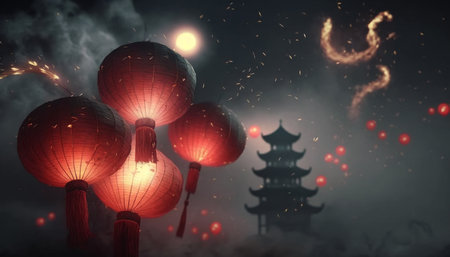 Experience the magical ambiance of the Chinese New Year with these stunning red lanterns shining brightly in the night.の素材
