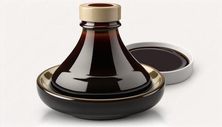 Close-up of a Chinese soy sauce bottle with reflection on a white backgroundの素材