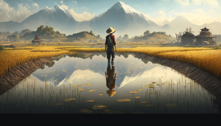 A mesmerizing scene of a Chinese farmer tending to his rice paddy, with the breathtaking beauty of the surrounding landscape reflected in the calm watersの素材