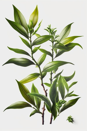 Detailed shot of fresh green tea plants separated from backgroundの素材