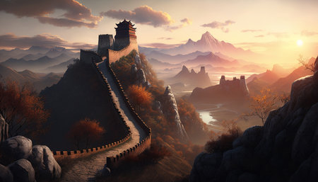 A tranquil evening view of the iconic Chinese Wall at sunset, blending natural beauty and man-made wonderの素材