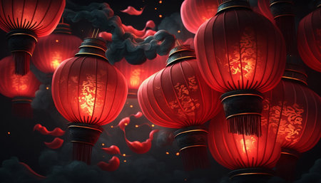 Experience the magical ambiance of the Chinese New Year with these stunning red lanterns shining brightly in the night.の素材