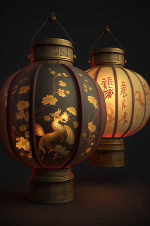 Colorful and intricate Chinese paper lanterns adding a touch of festivity to the atmosphereの素材