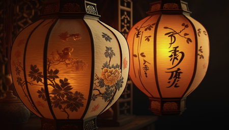 Colorful and intricate Chinese paper lanterns adding a touch of festivity to the atmosphereの素材
