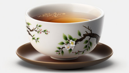 Classic Chinese tea cup on a pure white background for minimalist aesthetics and easy isolation for design and advertising purposesの素材