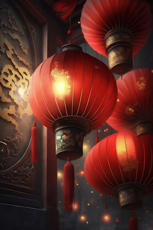 Experience the magical ambiance of the Chinese New Year with these stunning red lanterns shining brightly in the night.の素材