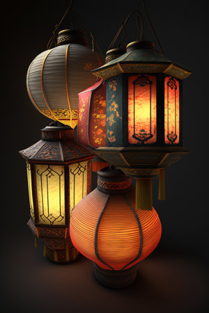 Colorful and intricate Chinese paper lanterns adding a touch of festivity to the atmosphereの素材